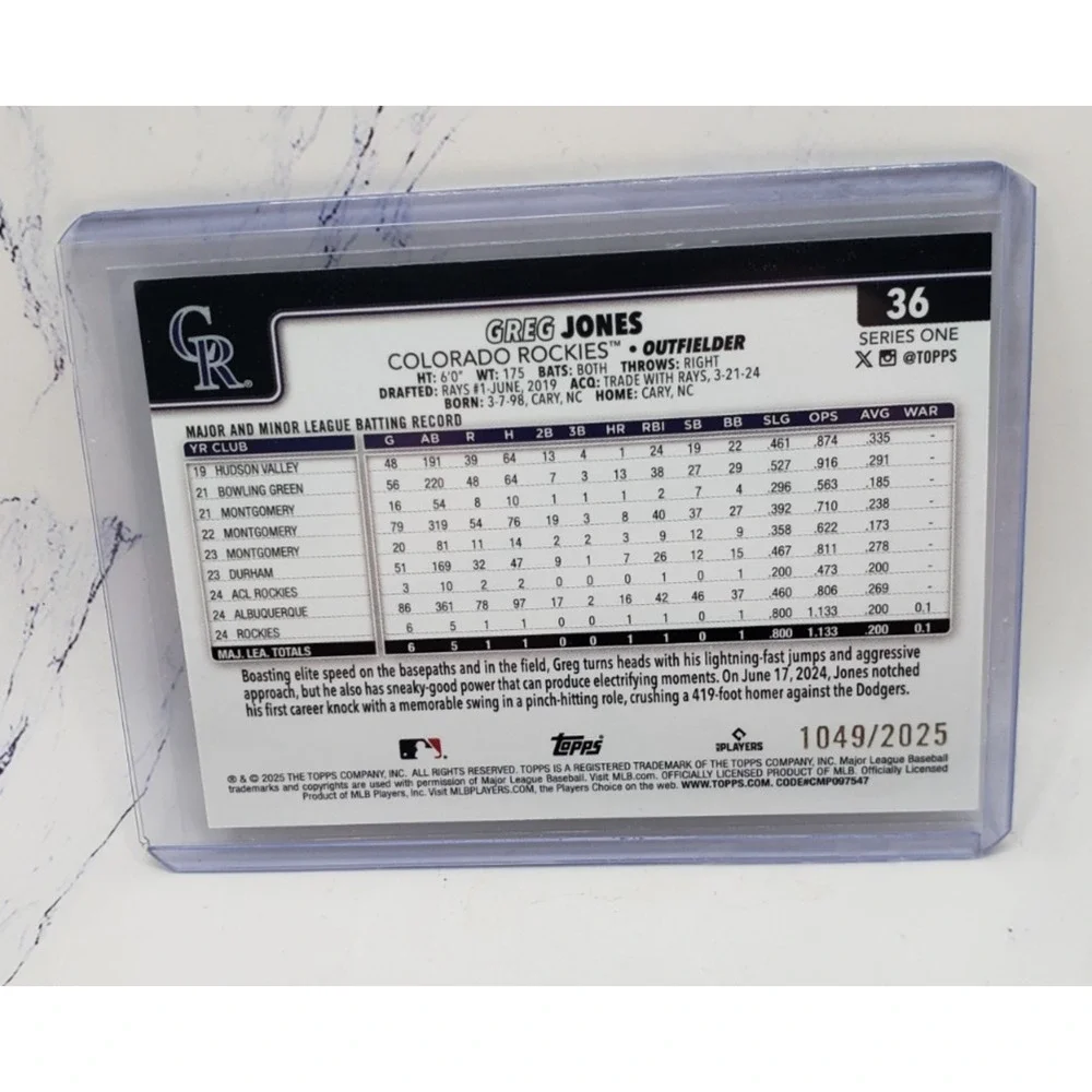 2025 Topps Series 1 Gold Greg Jones #36 Rookie Card RC Colorado Rockies - Picture 2 of 4